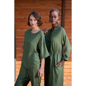 Ensemble pantalon et haut pour femme en viscose XXL, col bateau, épaules tombantes, manches 3/4 avec poche, pour vêtements de nuit - Product Image 4