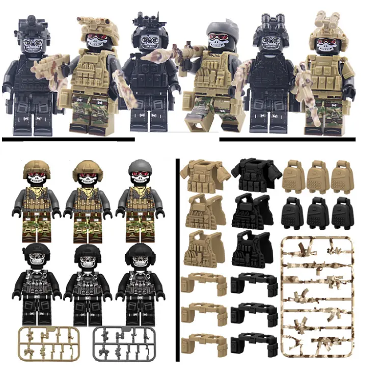 6pcs/set Desert Camouflage Army Soldier Mini Figure Helmet Gun Weapon Pack Accessories Building Block WW2 Military Special Force