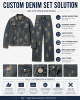 Ensemble veste et pantalon en jean jacquard délavé, brodé, vintage, respirant et décontracté MENGTU, multi-poches