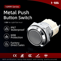 Interrupteur à bouton-poussoir en acier inoxydable HS 16 mm, étanche IP67, IK08, tête plate, sans lumière, momentané, à verrouillage, 1NO, 220V