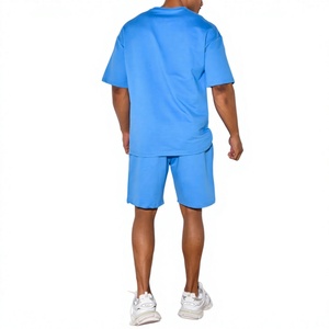 Ensemble 2 pièces pour homme, t-shirt et short bleu uni, col rond, décontracté, respirant, en coton tricoté, pour l'été - Product Image 3
