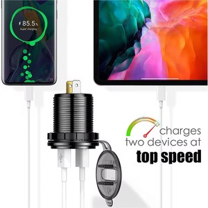 شاحن سيارة USB مزدوج QC3.0 مع شاشة عرض الفولتية وقدرة 18 واط ومفتاح إيقاف للسيارات والحافلات - 12-24 فولت - Product Image 4