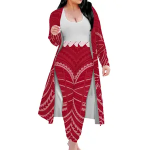 Retro polinezya kırmızı polinezya Tribal baskı özelleştirilmiş bayanlar uzun kollu ceket pelerin tayt seti kadınlar hırka ve kimono