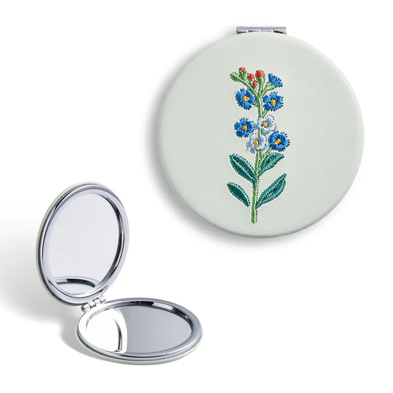 Chinese Element Embroidery Custom Flower Logo PU Leather Cover Pocket Professional Mirror