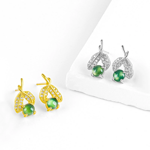 Natural genuine A-grade jade cherry green ice-grade jadeite <b>stud</b> <b>earrings</b> in 925 silver setting for ladies - Product Image 4