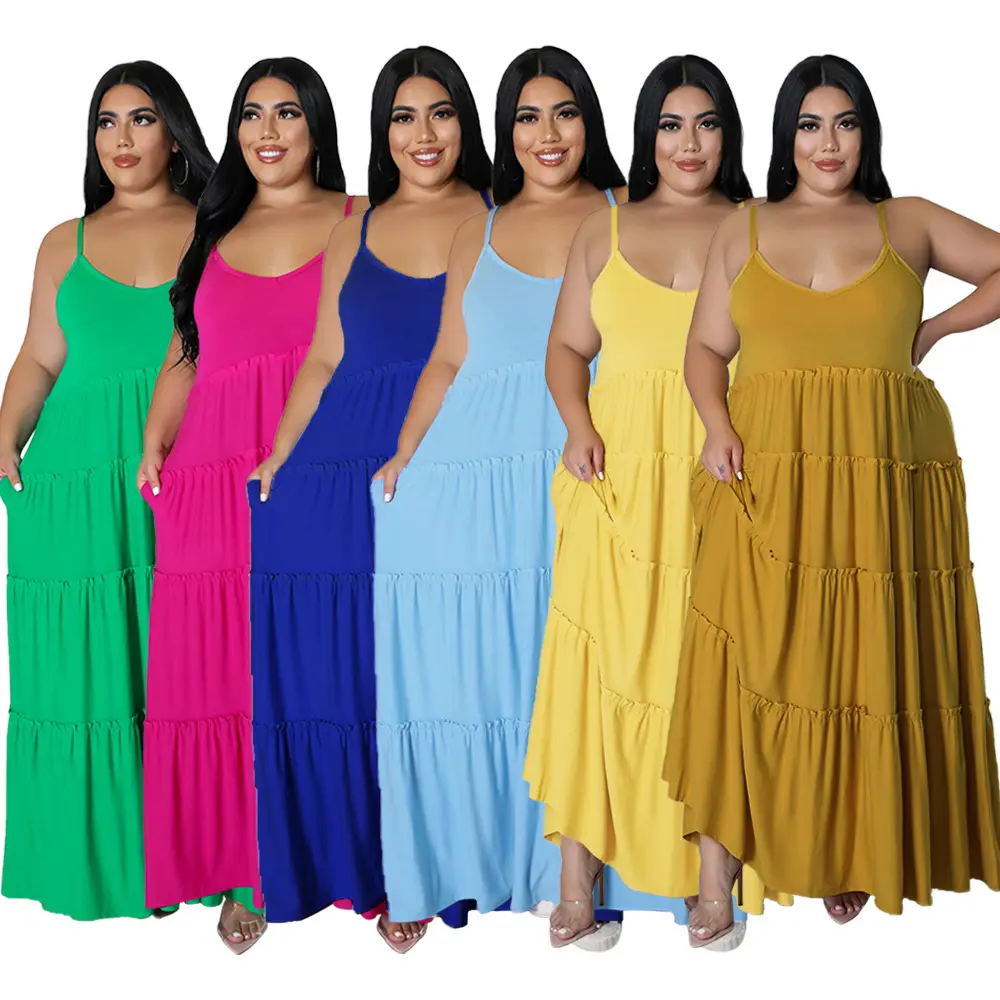 2022 Oversize Women Casual Dress New Arrivals Summer Spaghetti V Neck Ruffles Pleats Sleeveless Elegant Maxi Dresses 5xl