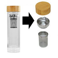 Bouteille d'eau en verre borosilicate à double paroi de luxe personnalisée de 420 ml, infuseur à thé en acier inoxydable, couvercle en bambou, anti-fuite