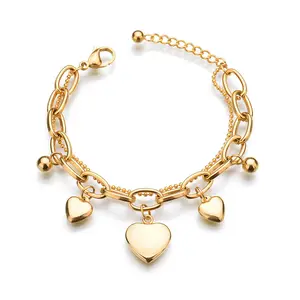 Stainless Steel Double Layer Bracelet Three Heart Beads Ladies Fashion Fine Waterproof Tarnish Free Bracelet Wholesale in Stock