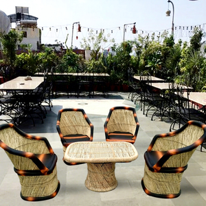 Ensemble de 4 chaises de jardin modernes en rotin tressé avec bordure en cuir rayé marron, cadre en bambou écologique et teck, résistant aux intempéries - Product Image 1