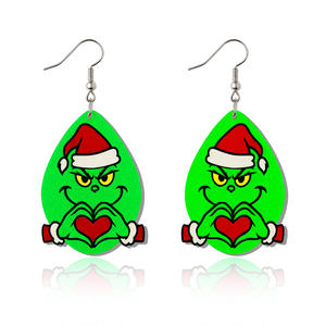 Boucles d'oreilles de Noël Grinch en gros, en cuir PU, motif goutte d'eau, nouvelle mode, imprimé léopard, monstre vert Grinch - Product Image 1