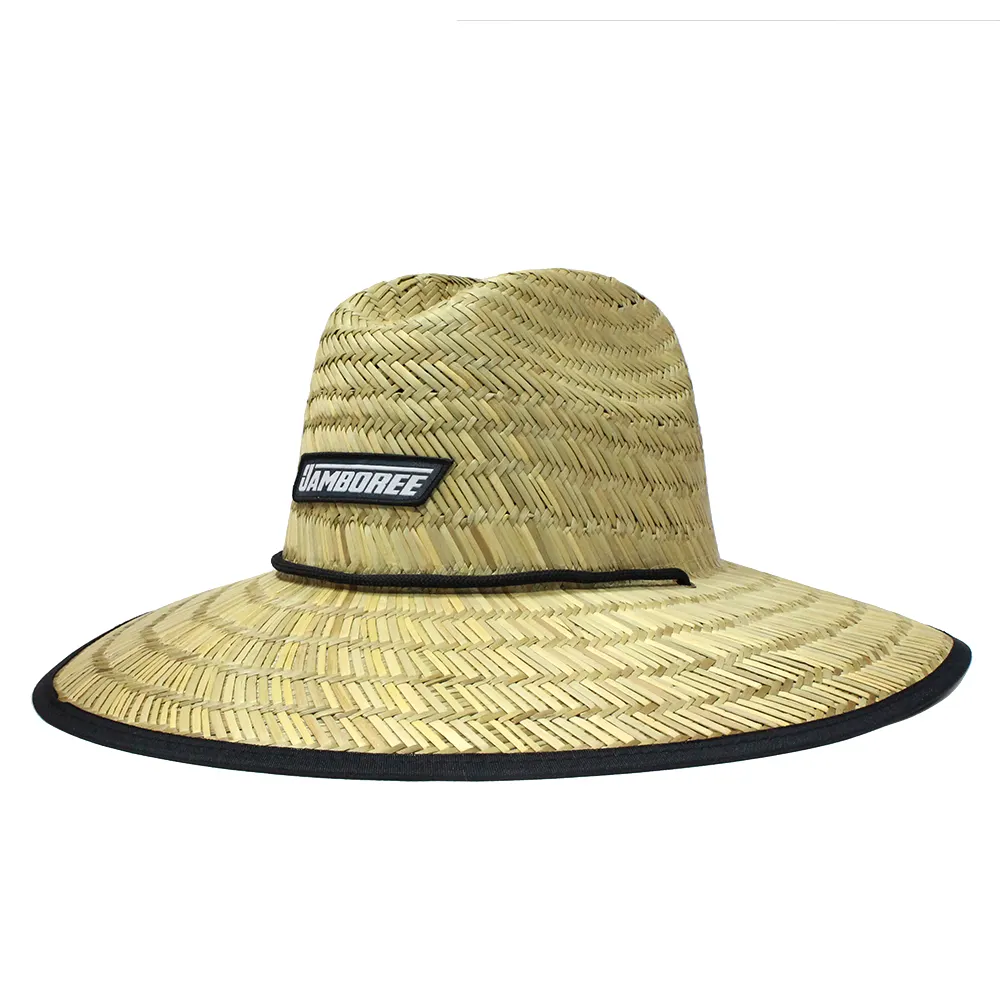 Jual dengan kotak grosir Promosi uniseks Wide Brim anyaman UV matahari dipasang jerami penjaga pantai topi untuk pria dengan LOGO kustom topi jerami