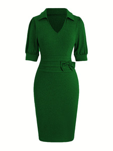 Abito <span class=keywords><strong>in</strong></span> Maglia Elegante da Donna con Colletto Rovesciato, <span class=keywords><strong>Vestito</strong></span> Aderente con Fiocco e Maniche Corte, Produzione OEM ODM Personalizzata - Product Image 3