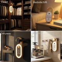 Veilleuse murale LED en bois massif avec détecteur de mouvement, crochet, tableau d'affichage DIY et batterie rechargeable, pour maison, placard et poignée de porte