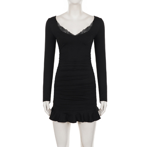 Fashion Deep V Neck Lace Patchwork Slim Fit Sexy <b>Ruffle</b> Hem Ruched Bodycon Mini <b>Dress</b> for Women - Product Image 6