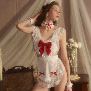 Ensemble <span class=keywords><strong>de</strong></span> lingerie sexy, costume <span class=keywords><strong>de</strong></span> demoiselle d'honneur, dentelle, nœuds rouges, tablier <span class=keywords><strong>en</strong></span> maille transparente, tenue <span class=keywords><strong>de</strong></span> jeu <span class=keywords><strong>de</strong></span> rôle séduisante pour les nuits <span class=keywords><strong>de</strong></span> rêve - Product Image 2