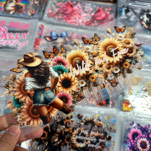 สติกเกอร์ติดขวดน้ำลายดอกทานตะวันสำหรับผู้หญิง ลายเสือดาว ฮู้ดดี้ กันน้ำ ใส PET  แบบ UV DTF Transfer - Product Image 3