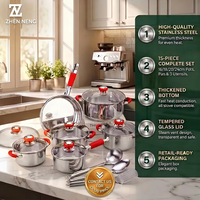 Ensemble de casseroles classiques en acier inoxydable ZHEN NENG de 15 pièces avec couvercles en verre, poignées en silicone, passe au lave-vaisselle, pour la cuisine à domicile