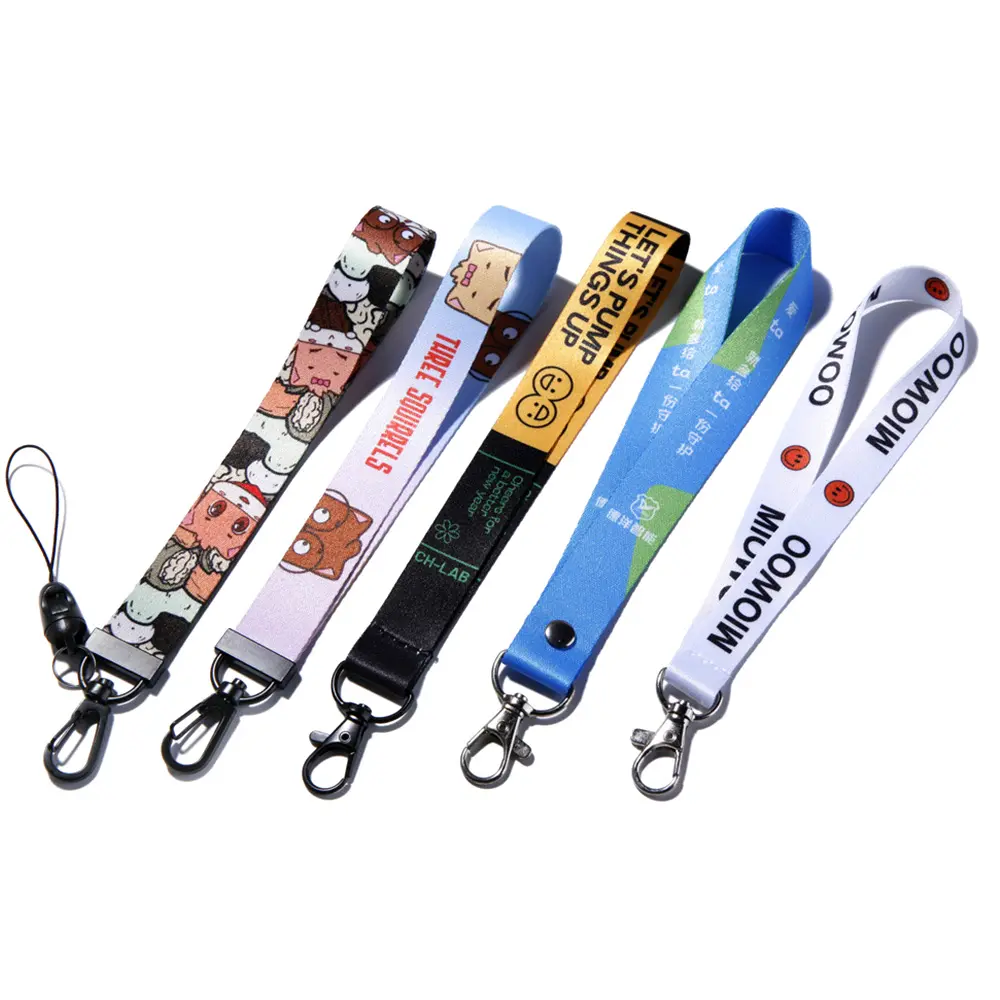 Designer Custom Logo Bulk Polyester Schattige Cartoon Korte Polsband Sublimatie Polsbandje Anime Lanyard Sleutelhanger