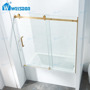 Cabina <span class=keywords><strong>de</strong></span> ducha <span class=keywords><strong>de</strong></span> acero inoxidable dorado cepillado Weisdon, pantalla <span class=keywords><strong>de</strong></span> ducha <span class=keywords><strong>de</strong></span> <span class=keywords><strong>vidrio</strong></span> deslizante individual sin marco - Product Image 2