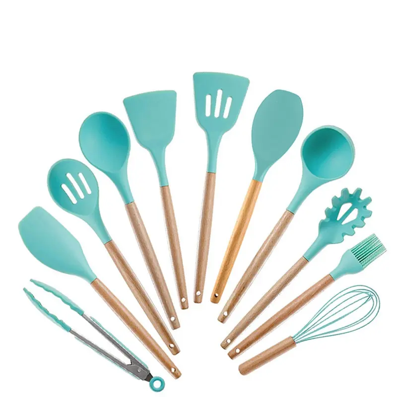 Heat resistant kitchenware non stick food grade accessories cooking utensil wooden handle silicone kitchen utensils set
