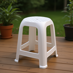 White Plastic Stool With Perforated Seat Indoor Outdoor Use - Product Image 3