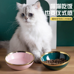 Bol en céramique personnalisé pour animaux de compagnie, design incliné, antidérapant, pour l'alimentation et l'eau des chats et des chiens, forme arrondie, rose, vert, bordure dorée - Product Image 1