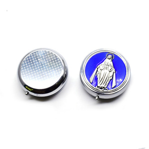 Caja redonda de aleación de zinc para joyería, tapa con espejo de 6cm, estuche de almacenamiento con diseño religioso para regalo de collar de rosario - Product Image 2