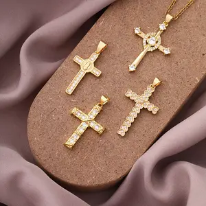 Collar con colgante de cruz de Jesús, cadena de acero inoxidable de circonita cúbica de Micro pavé de cristal chapado en oro religioso, 2022