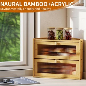 Armoire de rangement pour pain en bambou à 2 niveaux avec porte en verre, organisateur alimentaire de cuisine, couleur naturelle - Product Image 2