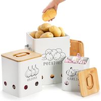 Lot de 3 boîtes de rangement en métal BX, ensemble de boîtes pour pommes de terre, oignons et ail, contenants pour aliments, boîtes en métal avec couvercle en bambou