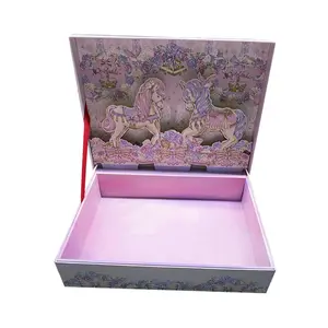 Logotipo de impresión de lujo embalaje de cartón púrpura Clamshell 3D estéreo caja de regalo personalizada para niños