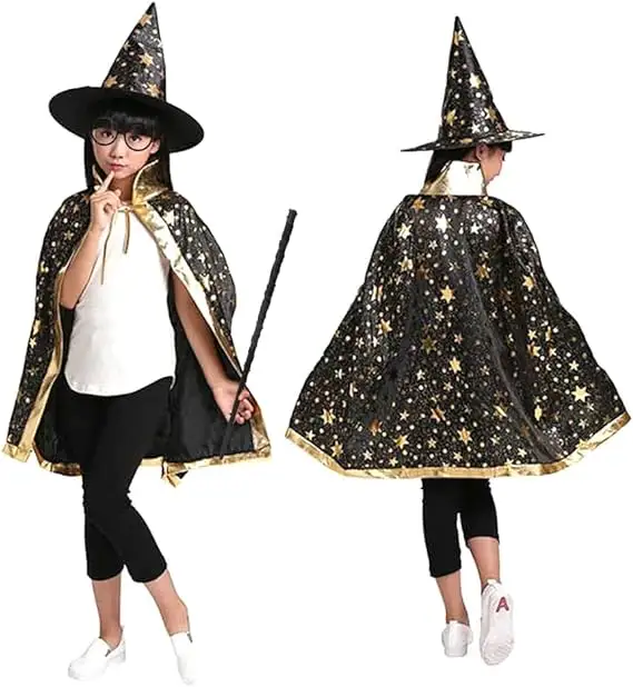 Halloween trang phục CAPE Phù Thủy Áo choàng với hatstars và mô hình mặt trăng và túi bí ngô trẻ em vai trò chơi bên mũi và mũ