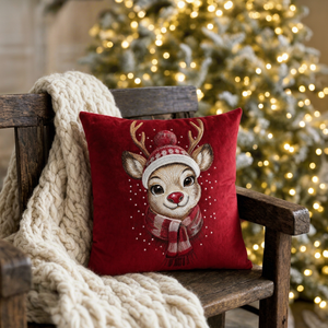 Christmas Reindeer Embroidered Velvet Customizable <b>Throw</b> <b>Pillow</b> Square Red Removable & Washable Novelty Decorative - Product Image 1