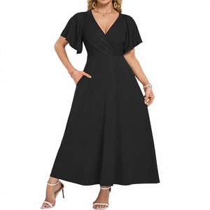 Robe longue élégante noire à col en V et manches courtes, coupe trapèze, en mousseline, avec ceinture à nouer, pour soirée, respirante, couleur unie, toutes saisons, vêtements pour femmes - Product Image 3