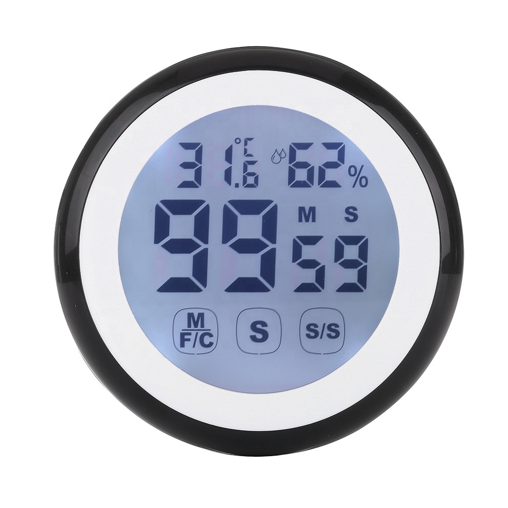 Commercio all'ingrosso di conto alla rovescia timer schermo touchable digitale forte timer per la cucina con umidità di temperatura retroilluminazione magnete sulla parete