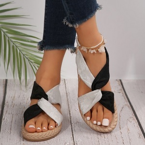 Sandales en lin à nœud torsadé style bohème, bout ouvert, semelle en jute tressée, bride arrière élastique, chaussures plates décontractées pour les vacances - Product Image 1