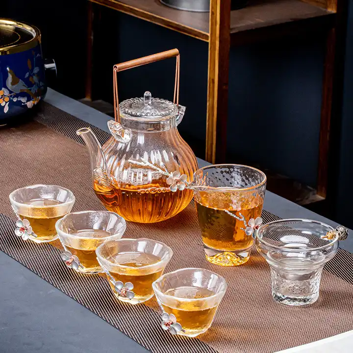 Glass Tea Set - 5-Piece Clear Glass Teapot and Teacup Set for Home Kitchen  and Living Room Use