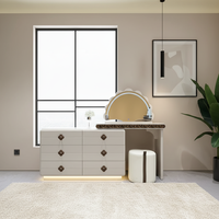 Coiffeuse en MDF pour hôtel et usage domestique avec miroir sur pied, tiroirs de rangement et tabouret assorti, personnalisable en usine