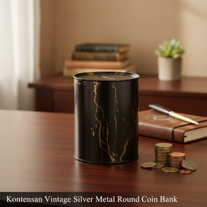 Hucha Redonda de Metal Plateado Estilo Vintage Kontensan, Modelo EF15150, Patrón de Números en Negro Mármol, Capacidad de 0.6L, 83x120mm, Turquía - Product Image 3