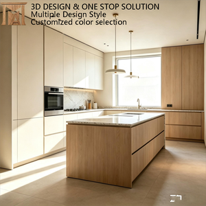 Armoires de cuisine bicolores beige <span class=keywords><strong>et</strong></span> bois avec îlot en marbre <span class=keywords><strong>et</strong></span> fours encastrés, qualité ENF, emballage KD - Product Image 1