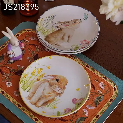 Пасхальная оптовая продажа тарелок индивидуальный набор из 2 круглых тарелок с рисунком кролика тарелка и тарелка для еды