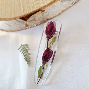 Barrettes de cheveux hawaïennes faites à la main en résine époxy véritable <span class=keywords><strong>rouge</strong></span> foncé séché et pressé avec des fleurs pour femmes - Product Image 5