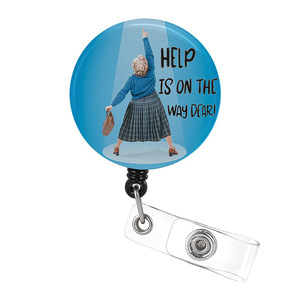 Vente directe d'usine de porte-badge rétractable Help is On The Way avec clip crocodile rotatif et boucle à tirage facile. - Product Image 1