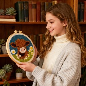 Kit de broderie au poinçon DIY pour débutants, motif vache des Highlands et fleur marguerite, avec cerceau et fil à broder, outil enfile-fil spécialisé - Product Image 4