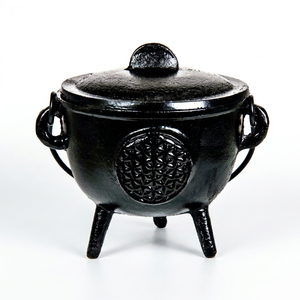 Couvercle de chaudron en fonte personnalisable en gros avec poignée et trois pieds, noir, traditionnel, écologique, pour décoration d'Halloween et encens - Product Image 1