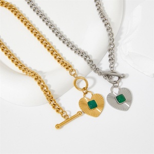 Pendentif en Pierre d'Émeraude Naturelle en Forme de Cœur, Chaîne Cubaine Plaquée Or en Acier Inoxydable avec Fermoir OT, Collier en Pierre Précieuse pour Femmes - Product Image 2