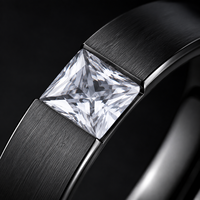 JLM Cincin Kawin Pria Baja Titanium Hitam, Cincin Pertunangan Pria dengan Permukaan Halus Bertatahkan Zirkonia Kubik Potongan Persegi