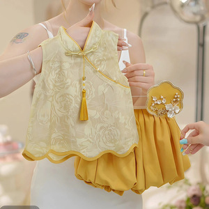 Traditional Chinese Girls Hanfu Two Piece Set Yellow Sleeveless Top With Skirt Party Wear Thin Fabric - Product Image 5