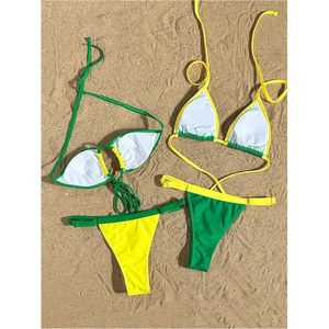 FOXA Ensemble de bikini pour femme avec drapeau du Brésil, maillot de bain 2 pièces, haut triangle dos nu et bas string, avec bordure contrastante, en Spandex extensible et Polyester - Product Image 2