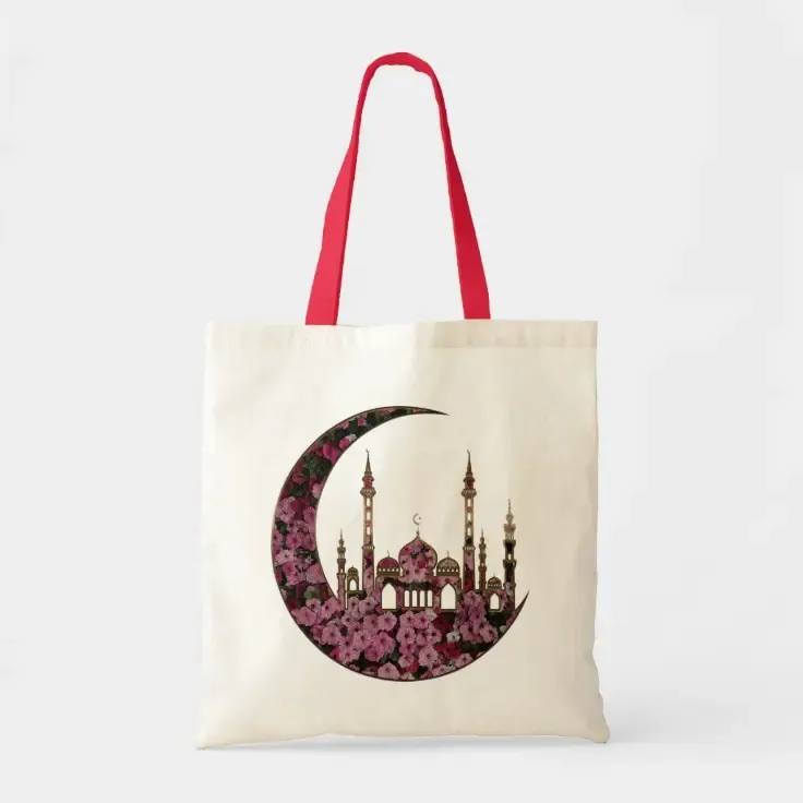 Bolso de tela Ramadán kareem, con estampado de la luna creciente, con bolsa de mano azul, linternas de acuarela, comestibles, flor